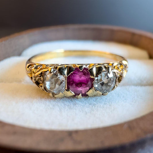 Victorian | 15ct | 15k Gold | Art Nouveau | Old Mine Cut Natural Diamond & Ruby Trilogy Ring | UK Size P 1/2 - US Size 8 Resizable |