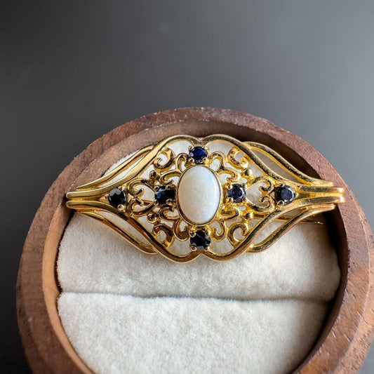Very Pretty | Victorian | 12ct | 12k Gold | Art Nouveau Filigree Opal & Sapphire Brooch |