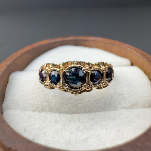 A Delightful 80s | Vintage | 9ct | 9k Gold | Victorian Inspired Five Stone Sapphire Ring | English Hallmarks | Pinky Ring | Size i |