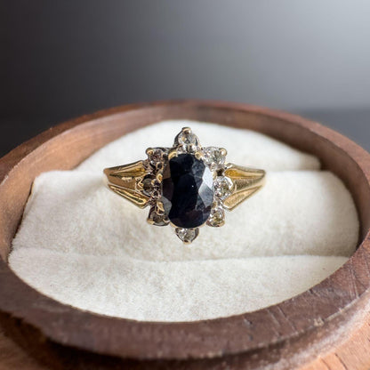 Gorgeous 60s | Vintage | 9ct | 9k Gold | Sapphire & Diamond | Floral Cluster Ring | English Hallmarks | UK K US 5.25 | Resizable |