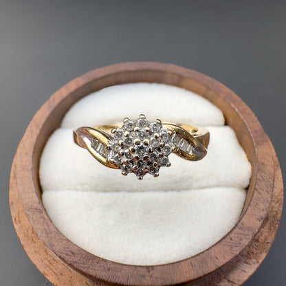 A Very Sparkly | 9ct | 9k Gold | Vintage | Diamond Cluster Ring With Diamond Set Twist Shoulders | English Hallmarks | UK T 1/2 - US 9.75 |