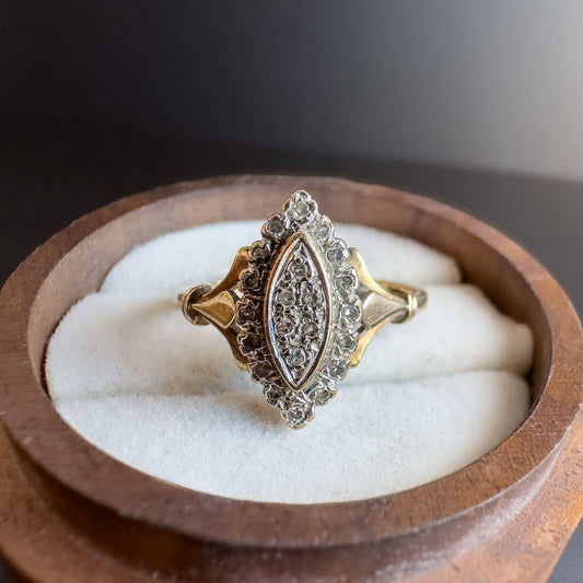 Stunning | 9ct | 9k Gold | Vintage | Victorian Inspired Diamond Boat Shaped Navette Ring | Hallmarked | UK O | US 7.25 | Resizable |