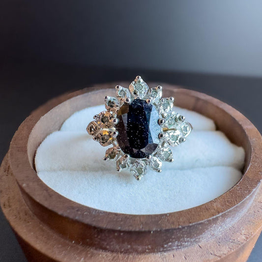 Stunning | Vintage | 9ct | 9k Gold |  Sapphire & Diamond Floral Cluster Ring | English Hallmarks | UK M 1/2 | US 6.5 | Resizable |