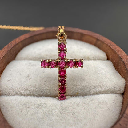 Very Pretty | Vintage | 9ct | 9k Gold | Ruby Cross Pendant & Fine Chain link Necklace Set | Pendant Necklaces |  Hallmarked | 44cm-18inch |