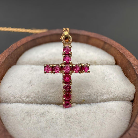 Very Pretty | Vintage | 9ct | 9k Gold | Ruby Cross Pendant & Fine Chain link Necklace Set | Pendant Necklaces |  Hallmarked | 44cm-18inch |