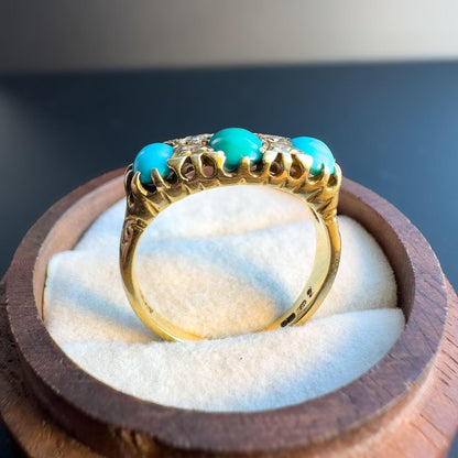 Stunning | Victorian | 18ct | 18k Gold | Old Mine Cut Diamond & Turquoise Trilogy Ring | Multi Stone Ring |  UK O - US 7.25 | Resizable |