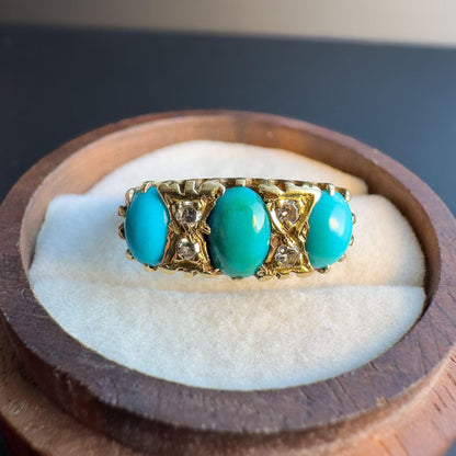 Stunning | Victorian | 18ct | 18k Gold | Old Mine Cut Diamond & Turquoise Trilogy Ring | Multi Stone Ring |  UK O - US 7.25 | Resizable |