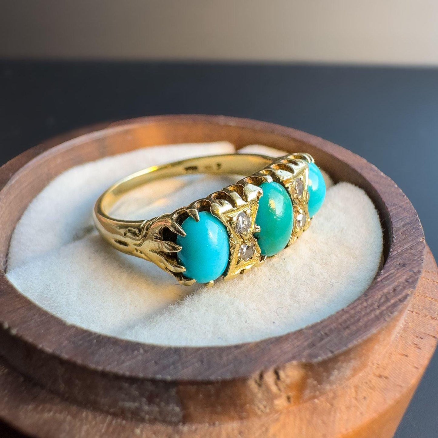 Stunning | Victorian | 18ct | 18k Gold | Old Mine Cut Diamond & Turquoise Trilogy Ring | Multi Stone Ring |  UK O - US 7.25 | Resizable |