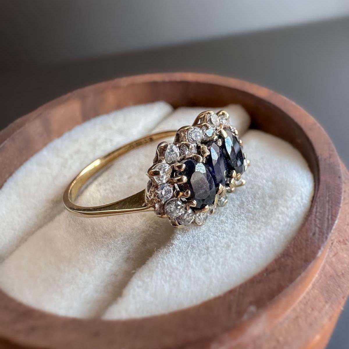 Vintage 1980s | 9ct | 9k Gold Sapphire & Cubic Zirconia Cluster Ring | Elegant Triple Stone Statement Ring | English Hallmarks |