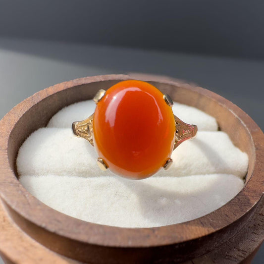 Fabulous | 60s | Vintage | 9ct | 9k Gold | Carnelian Oval Cabouchon Statement Ring | Cocktail Ring | English Hallmarks | UK P 1/2 Resizable