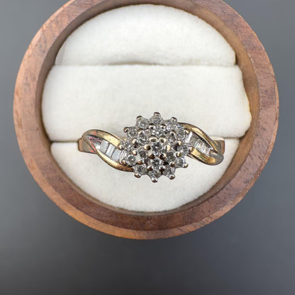 A Very Sparkly | 9ct | 9k Gold | Vintage | Diamond Cluster Ring With Diamond Set Twist Shoulders | English Hallmarks | UK T 1/2 - US 9.75 |
