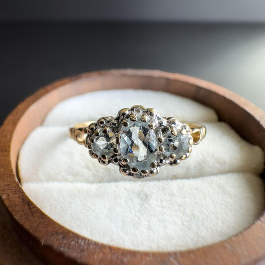 Gorgeous | Vintage | 9ct | 9k Gold | Aquamarine & Diamond Ring |  Victorian Inspired Statement Ring | English Hallmarks | UK S - US 9 |