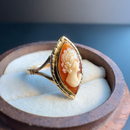 Elegant | 9ct | 9k Gold Vintage | Cameo Statement Ring | Classic Hand-Carved Cameo in Marquise Setting | English Hallmarks |