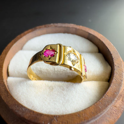 Stunning | Antique | Victorian | 1880s | 18ct | 18k Gold Gypsy Ring with Rose-Cut Diamond & Cushion-Cut Rubies | Chester Hallmarked |
