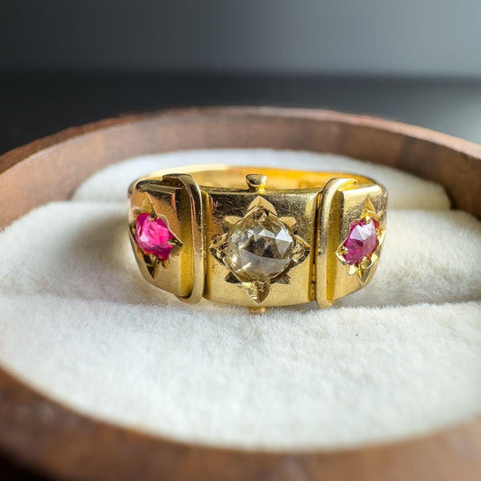 Stunning | Antique | Victorian | 1880s | 18ct | 18k Gold Gypsy Ring with Rose-Cut Diamond & Cushion-Cut Rubies | Chester Hallmarked |