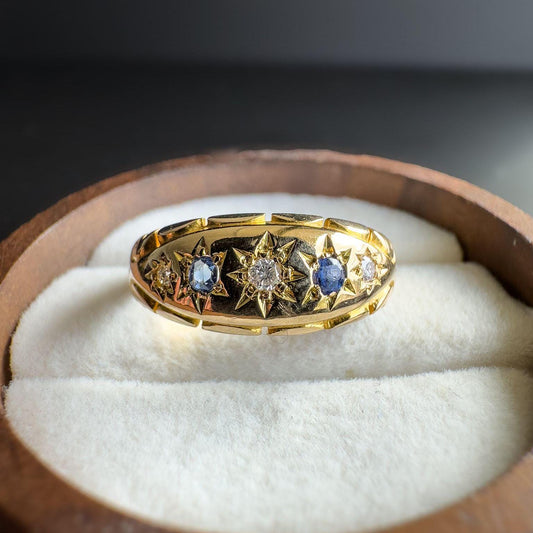 Stunning | Antique | Victorian | 18ct | 18k Solid Gold | Diamond & Sapphire Gypsy Ring  Starburst Design | UK N - US 6.75 | Resizable |