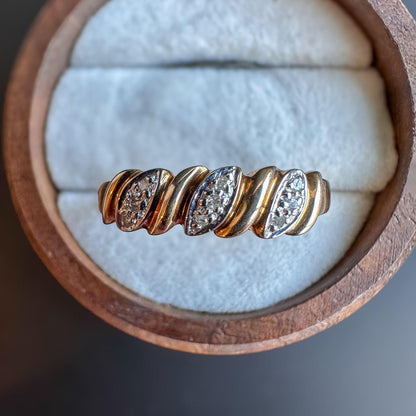 Elegant | 9ct | 9k Gold | Diamond Band Ring  Twisted Design with Sparkling Diamond Accents | English Hallmarks | UK P - US 7.75 Resizable |