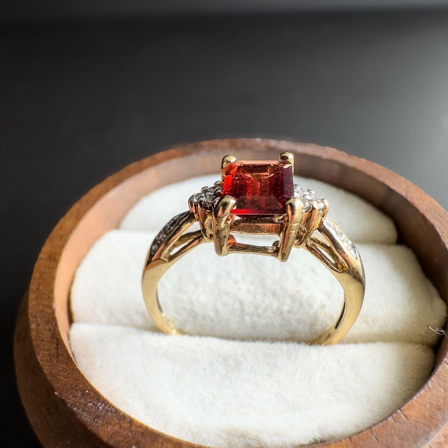 Vintage | 9ct | 9k Gold | Garnet and Diamond Ring  Elegant Emerald-Cut Garnet with Diamond Accents | Hallmarked | UK M-US 6.25 | Resizable