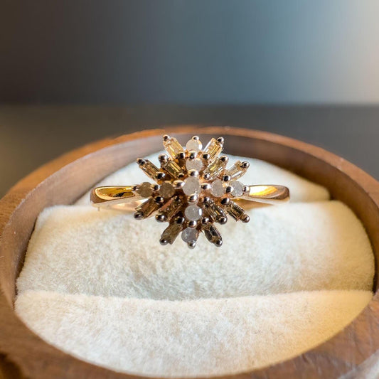 9ct | 9k Gold | Mixed Cut Diamond Cluster Ring  Stunning Starburst  Design Statement Ring | English Hallmarks | UK N - US 6.75 | Resizable