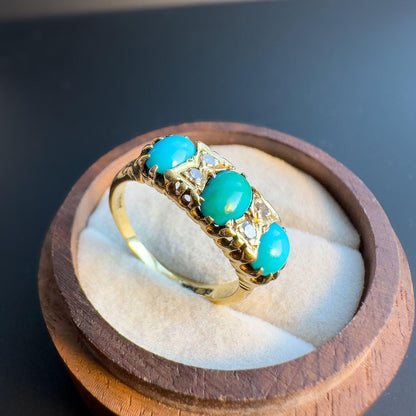 Stunning | Victorian | 18ct | 18k Gold | Old Mine Cut Diamond & Turquoise Trilogy Ring | Multi Stone Ring |  UK O - US 7.25 | Resizable |