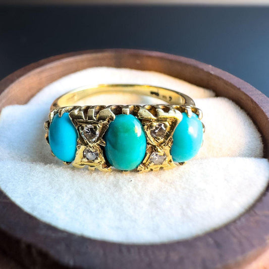 Stunning | Victorian | 18ct | 18k Gold | Old Mine Cut Diamond & Turquoise Trilogy Ring | Multi Stone Ring |  UK O - US 7.25 | Resizable |