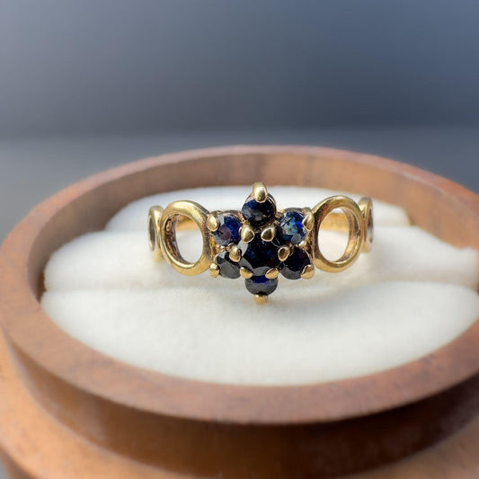 1970s Vintage | 9ct | 9k Gold | Unique Sapphire Floral Cluster Ring With Halo Design Band | September Birthstone Ring | English Hallmarks |