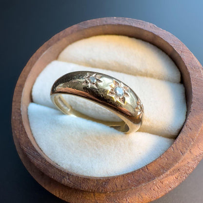Beautiful 80s Vintage | 9ct | 9k Yellow Gold Star Set Diamond Gypsy Band Ring | Dome Ring | English Hallmarks |