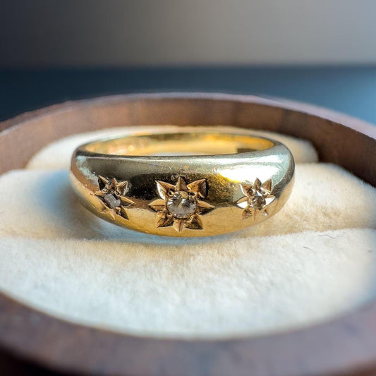 Beautiful 80s Vintage | 9ct | 9k Yellow Gold Star Set Diamond Gypsy Band Ring | Dome Ring | English Hallmarks |