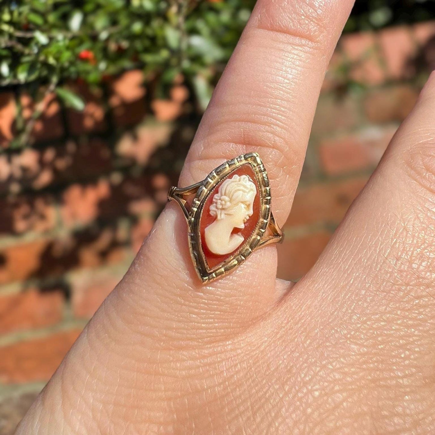 Elegant | 9ct | 9k Gold Vintage | Cameo Statement Ring | Classic Hand-Carved Cameo in Marquise Setting | English Hallmarks |