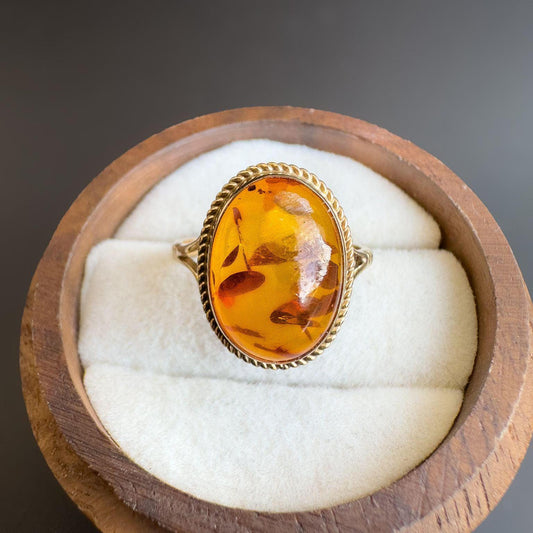 Vintage | 1970s | 9ct Gold Amber Ring | Cognac Amber Statement Ring | English Hallmarks | UK L - US 5.75 | Resizable |