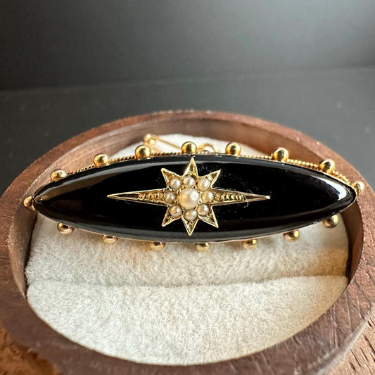 15ct Yellow Gold and Black Enamel Pearl-Set Oval late Victorian Brooch, c.1900, Victorian Jewellery