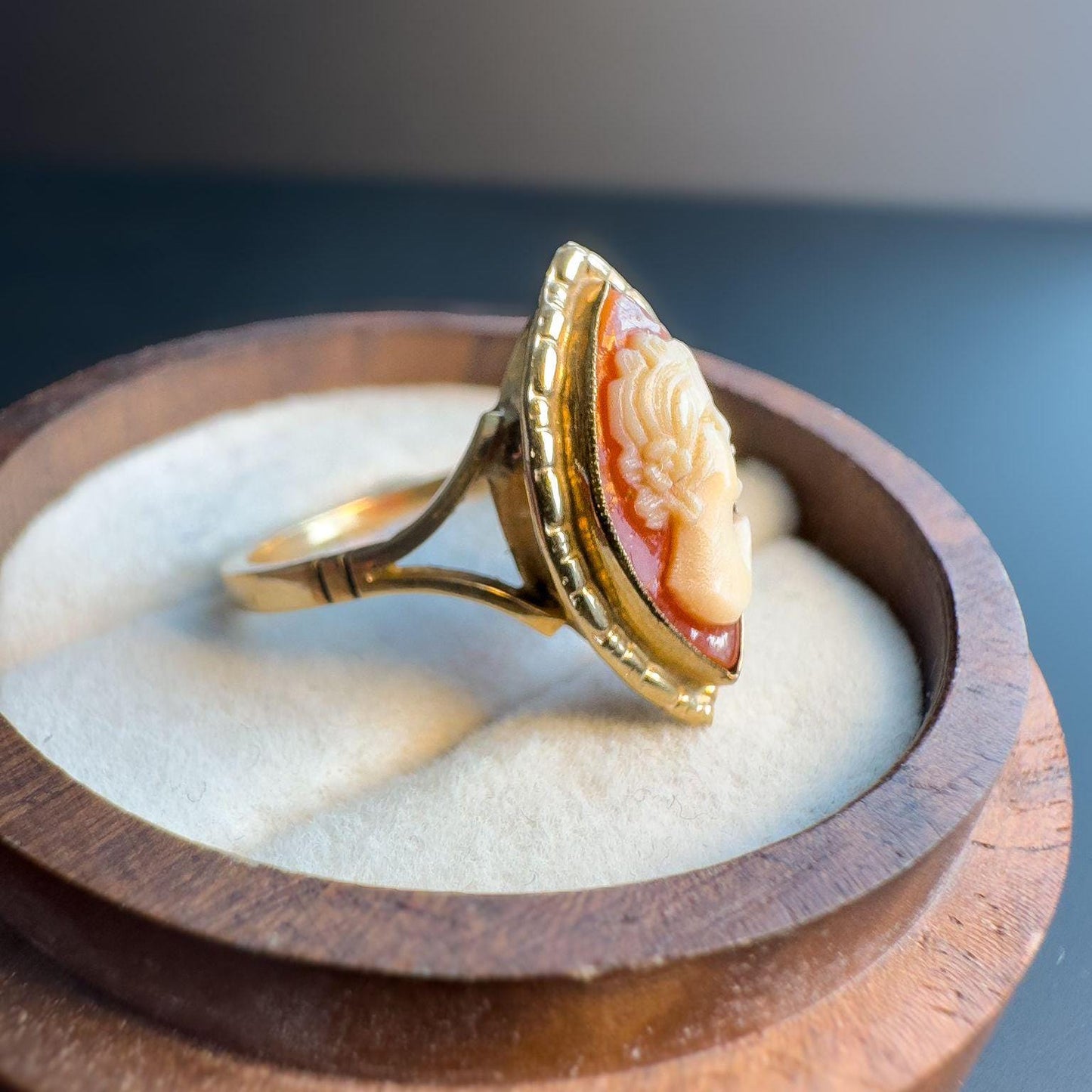 Elegant | 9ct | 9k Gold Vintage | Cameo Statement Ring | Classic Hand-Carved Cameo in Marquise Setting | English Hallmarks |