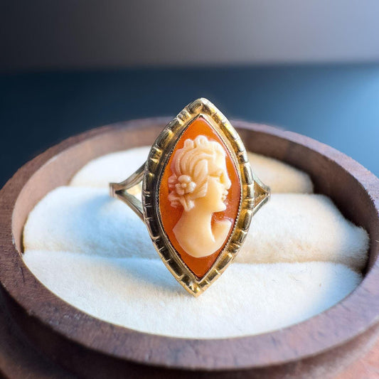 Elegant | 9ct | 9k Gold Vintage | Cameo Statement Ring | Classic Hand-Carved Cameo in Marquise Setting | English Hallmarks |