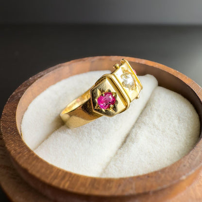 Stunning | Antique | Victorian | 1880s | 18ct | 18k Gold Gypsy Ring with Rose-Cut Diamond & Cushion-Cut Rubies | Chester Hallmarked |