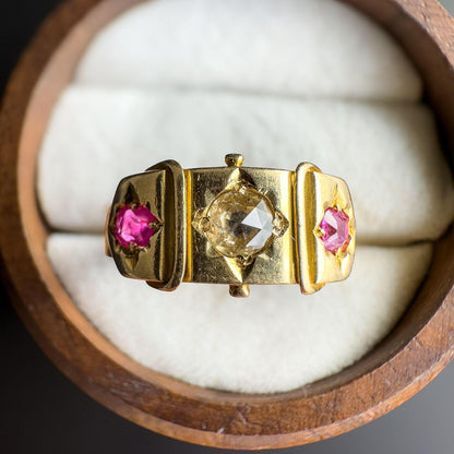 Stunning | Antique | Victorian | 1880s | 18ct | 18k Gold Gypsy Ring with Rose-Cut Diamond & Cushion-Cut Rubies | Chester Hallmarked |