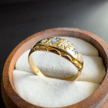 Stunning | Antique | Victorian | 18ct | 18k Solid Gold | Diamond & Sapphire Gypsy Ring  Starburst Design | UK N - US 6.75 | Resizable |