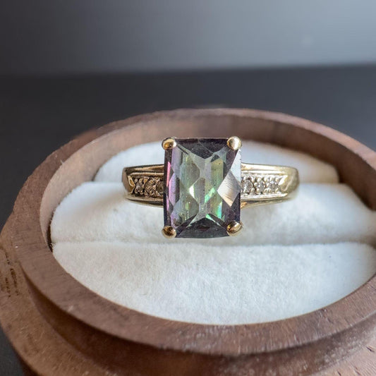 Dazzling | Vintage | 9ct | 9k Gold | Mystic Topaz and Diamond Ring  Iridescent Gemstone with Diamond Accents | English Hallmarks |