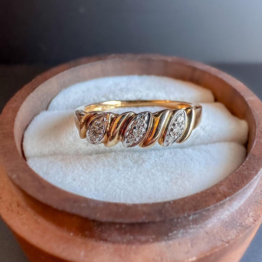 Elegant | 9ct | 9k Gold | Diamond Band Ring  Twisted Design with Sparkling Diamond Accents | English Hallmarks | UK P - US 7.75 Resizable |