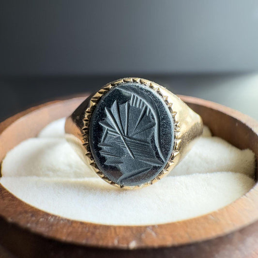 1980s | Vintage|  9ct | 9k Gold Men's Hematite Signet Ring  Classic Engraved Intaglio Design | London Hallmarked | UK U - US 10 | Resizable