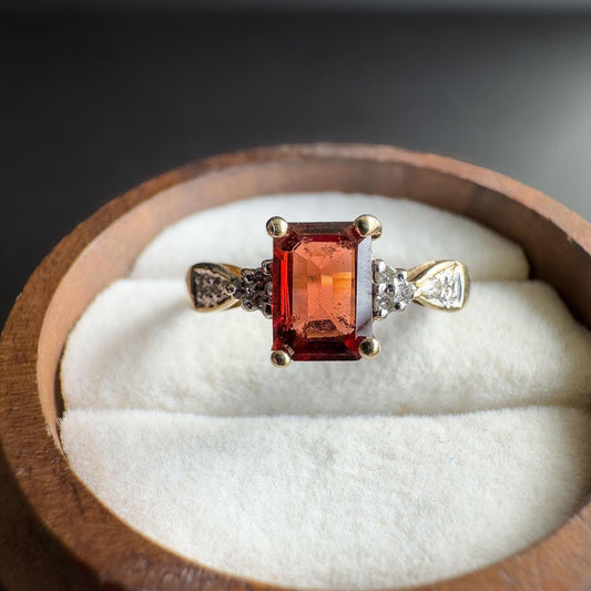 Vintage | 9ct | 9k Gold | Garnet and Diamond Ring  Elegant Emerald-Cut Garnet with Diamond Accents | Hallmarked | UK M-US 6.25 | Resizable