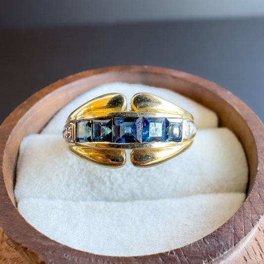 Vintage | 14ct | 14k Gold | Sapphire and Diamond Gypsy Style Ring | Elegant Sapphire Band | Retro Ring | UK N - US 6.75 | Resizable