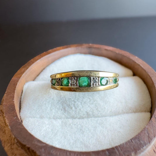 Vintage | 9ct Gold Emerald and Diamond Band Ring | Unique Half Eternity Emerald Ring | English Hallmarks | UK L - US 5.75 | Resizable