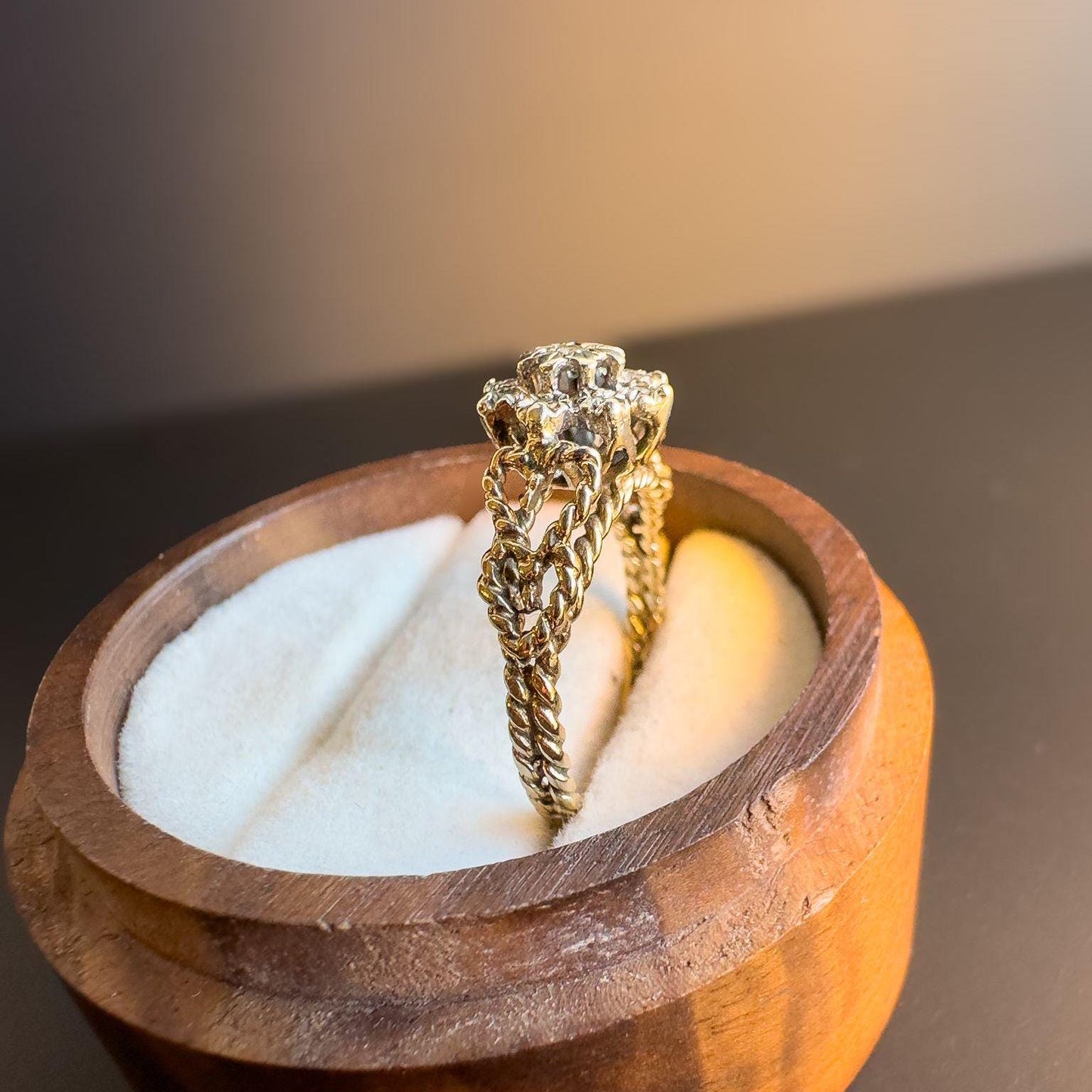 Gorgeous 1980s Vintage 9ct 9k Gold Rope Twist Diamond Cluster Ring  Ornate Heart Design Statement Ring | English Hallmarks |