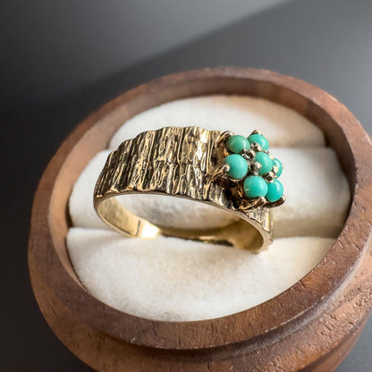 Vintage | 9ct | 9k Gold Turquoise Cluster Ring | Textured Bark Effect Band with Turquoise Flower Design | UK O - US 7.25 | Resizable