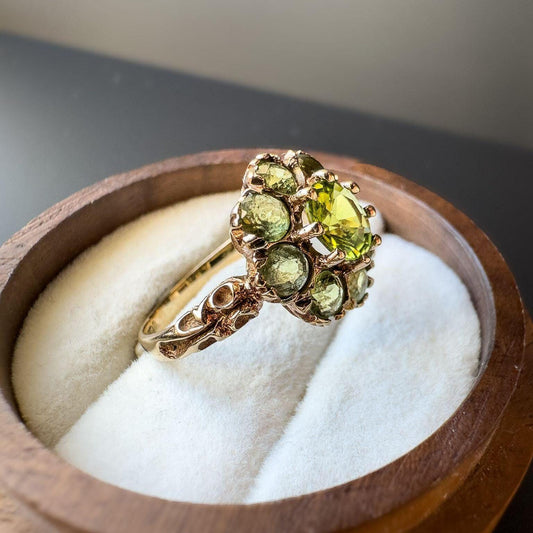 Vintage 1970s 9ct Gold Peridot Cluster Ring  Radiant Green Gemstone Floral Design | English Hallmarks | UK L - US 6 | Resizable