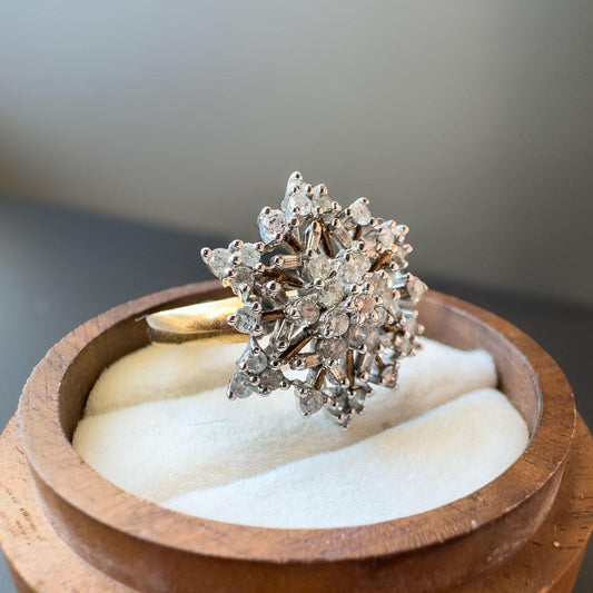 Vintage 9ct Gold Diamond Cluster Ring  Starburst Mixed Cut Diamonds | English Hallmarks | UK O 1/2 - US 7.5 | Resizable