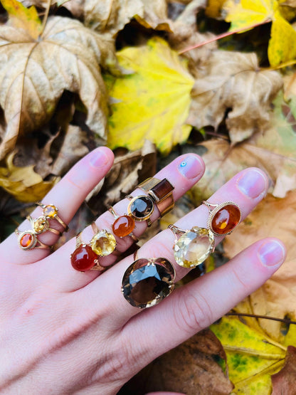 Vintage | 1970s | 9ct Gold Amber Ring | Cognac Amber Statement Ring | English Hallmarks | UK L - US 5.75 | Resizable |