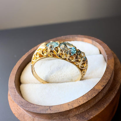 Vintage | 9ct Gold | Edwardian-Inspired Blue Topaz Ring  Intricate Scrollwork Design | English Hallmarks | UK L 1/2 - US 6 | Resizable