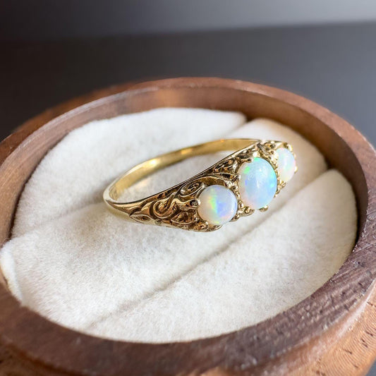 Gorgeous |  9ct Gold Opal Ring with Edwardian Scrollwork | Vintage Opal Statement Ring | English Hallmarks | UK K 1/2 - US 5.5 | Resizable |