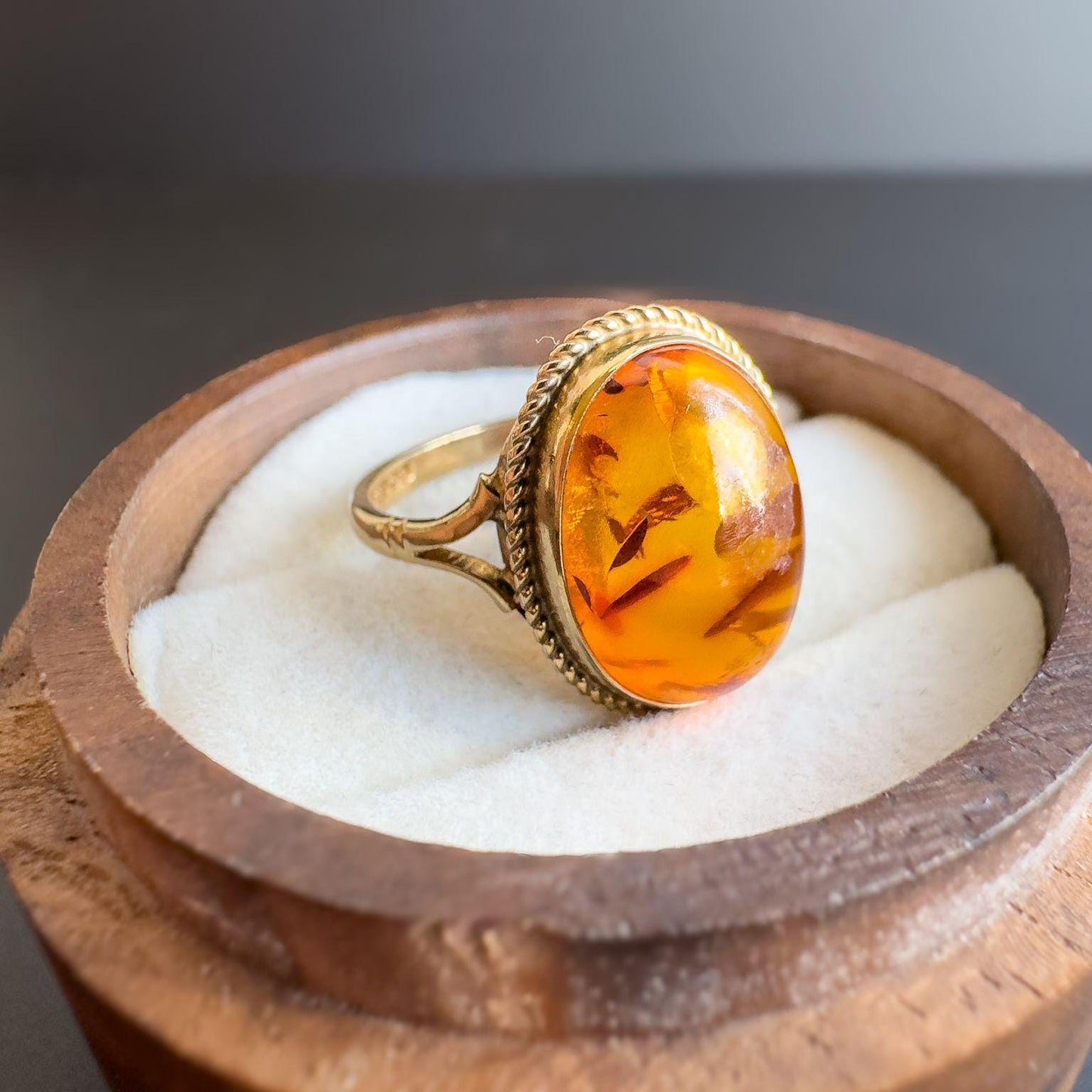 Vintage | 1970s | 9ct Gold Amber Ring | Cognac Amber Statement Ring | English Hallmarks | UK L - US 5.75 | Resizable |